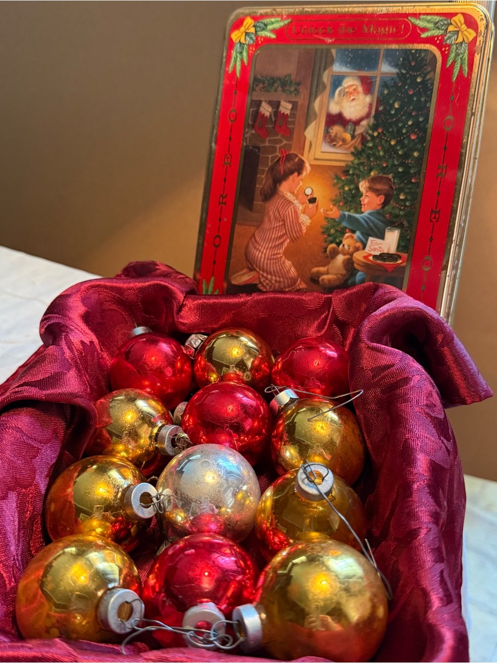 Vintage Christmas Glass Ornament Set - Red & Gold in a vintage Oreo cookie tin